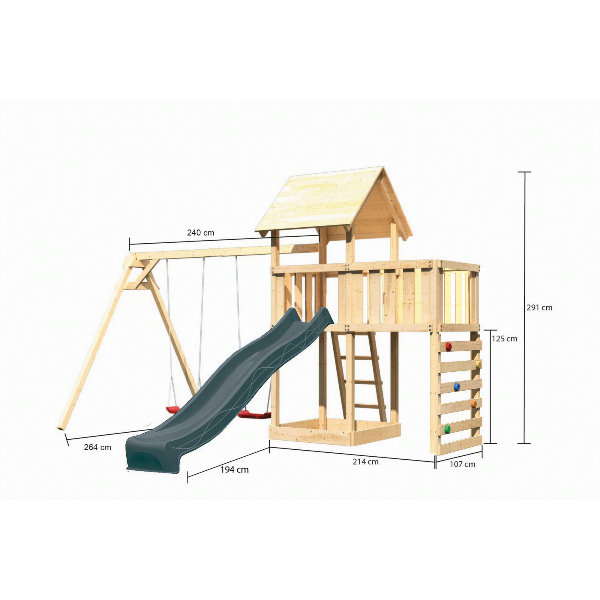 Kinderspielturm 'Lotti' Fichtenholz naturbelassen mit Rutsche anthrazit, Doppelschaukel, Anbauplattform, Kletterwand 107 x 291 x 107 cm