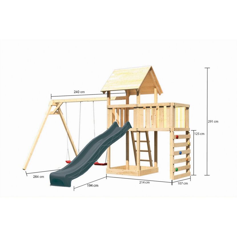 Kinderspielturm 'Lotti' Fichtenholz naturbelassen mit Rutsche anthrazit, Doppelschaukel, Anbauplattform, Kletterwand 107 x 291 x 107 cm