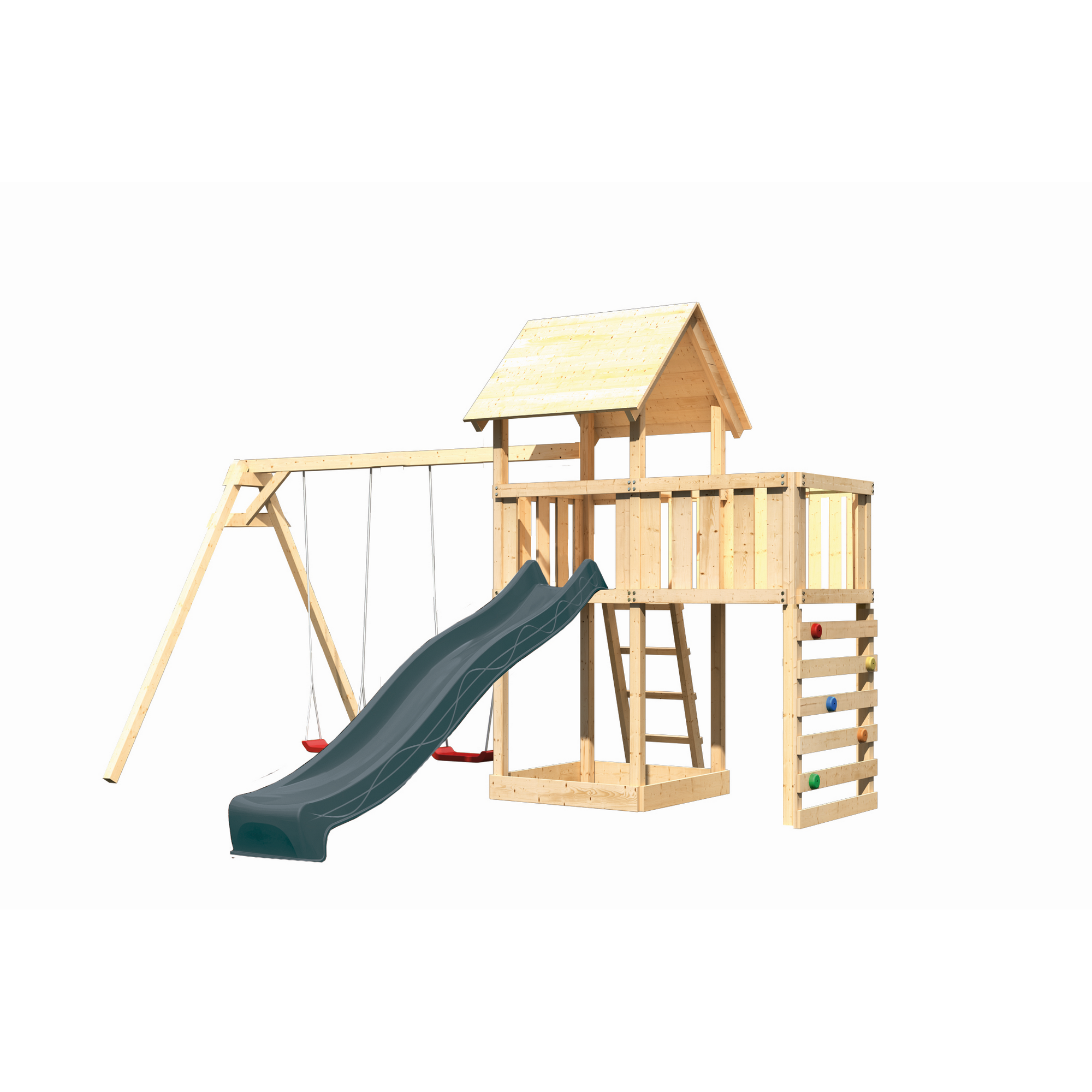Kinderspielturm 'Lotti' Fichtenholz naturbelassen mit Rutsche anthrazit, Doppelschaukel, Anbauplattform, Kletterwand 107 x 291 x 107 cm