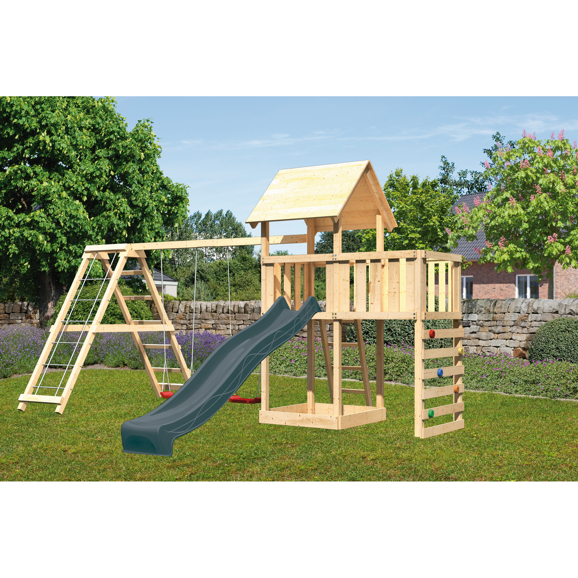 Kinderspielturm 'Lotti' Fichtenholz naturbelassen mit Rutsche anthrazit, Doppelschaukel, Klettergerüst, Anbauplattform, Kletterwand 107 x 291 x 107 cm
