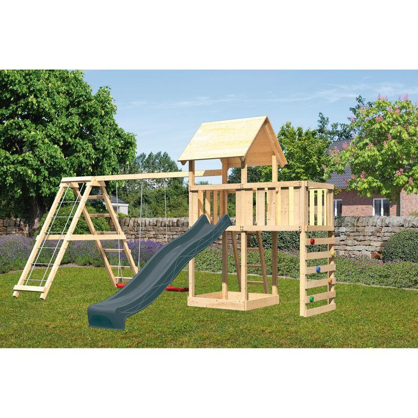 Kinderspielturm 'Lotti' Fichtenholz naturbelassen mit Rutsche anthrazit, Doppelschaukel, Klettergerüst, Anbauplattform, Kletterwand 107 x 291 x 107 cm