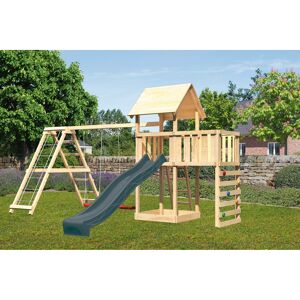 Kinderspielturm 'Lotti' Fichtenholz naturbelassen mit Rutsche anthrazit, Doppelschaukel, Klettergerüst, Anbauplattform, Kletterwand 107 x 291 x 107 cm