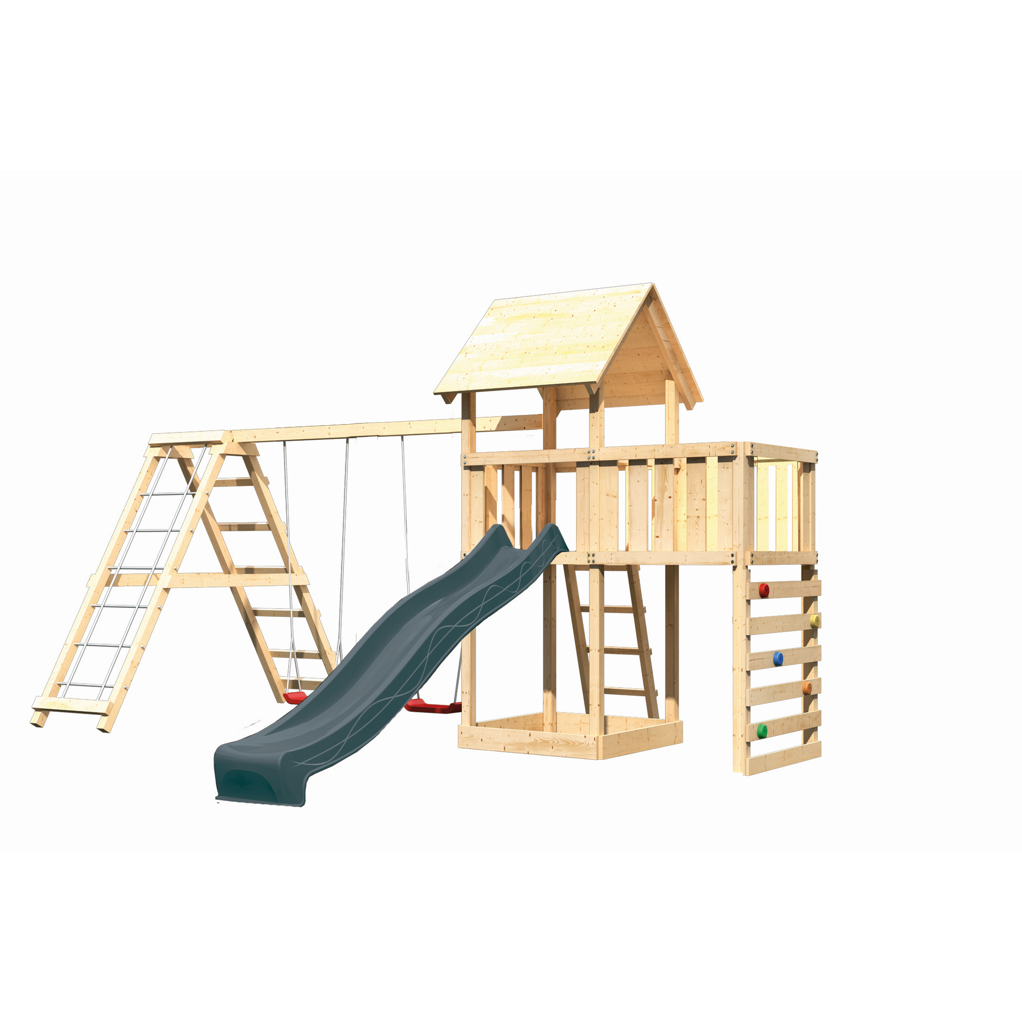 Kinderspielturm 'Lotti' Fichtenholz naturbelassen mit Rutsche anthrazit, Doppelschaukel, Klettergerüst, Anbauplattform, Kletterwand 107 x 291 x 107 cm