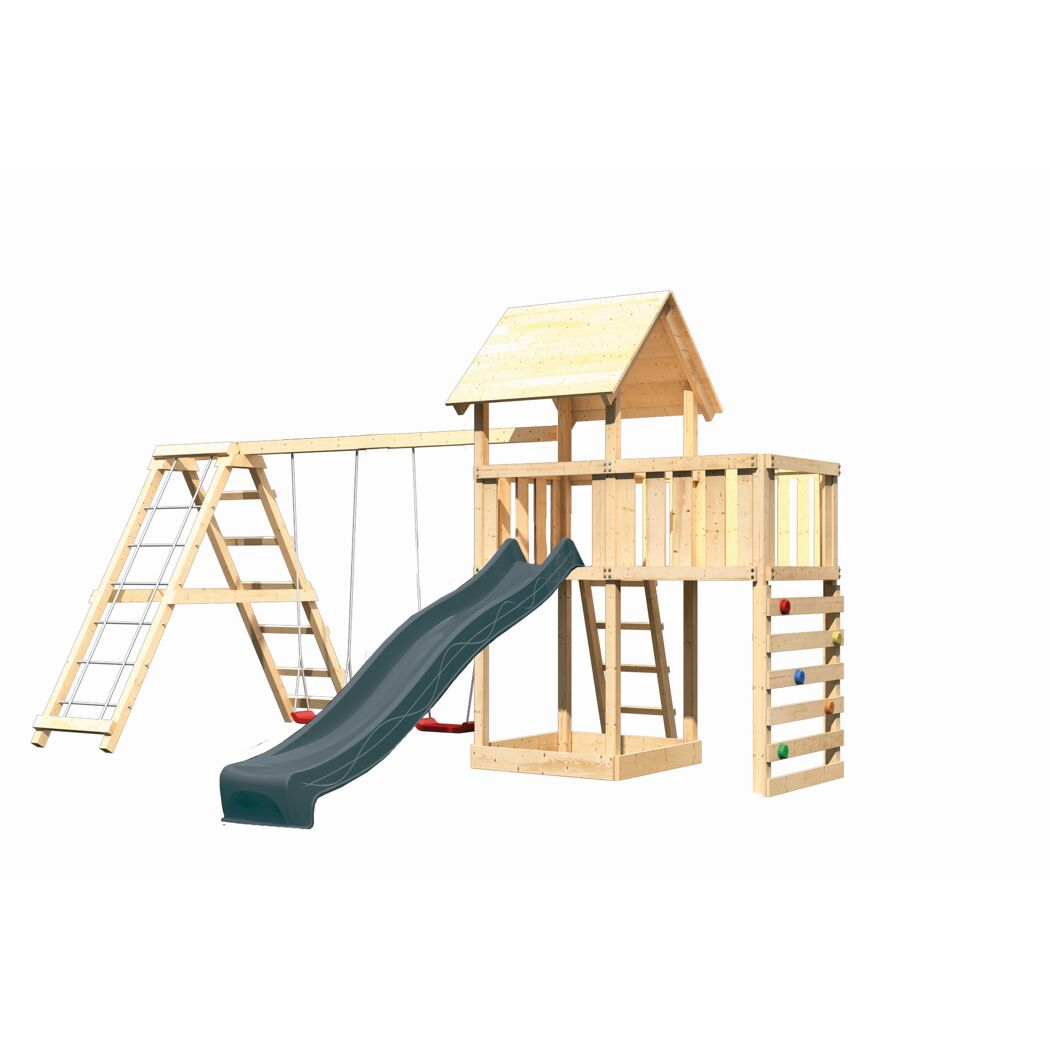 Kinderspielturm 'Lotti' Fichtenholz naturbelassen mit Rutsche anthrazit, Doppelschaukel, Klettergerüst, Anbauplattform, Kletterwand 107 x 291 x 107 cm