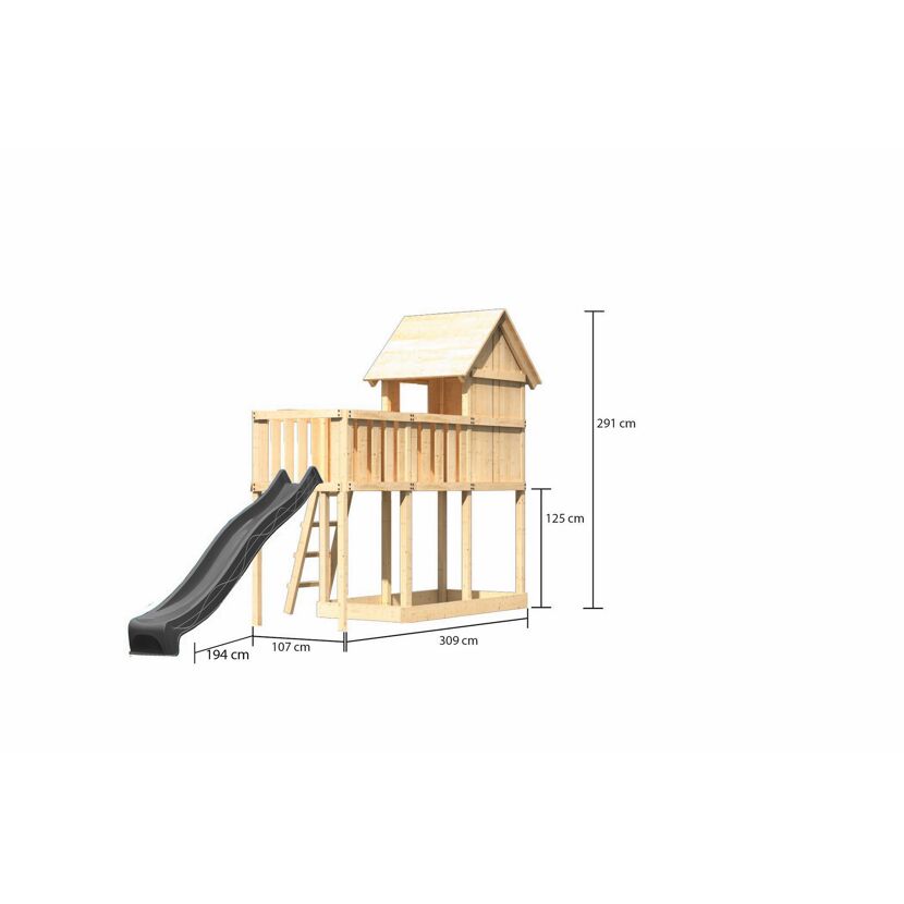 Kinderspielhaus 'Frieda' Fichtenholz naturbelassen mit Rutsche anthrazit, Anbauplattform 107 x 291 x 107 cm