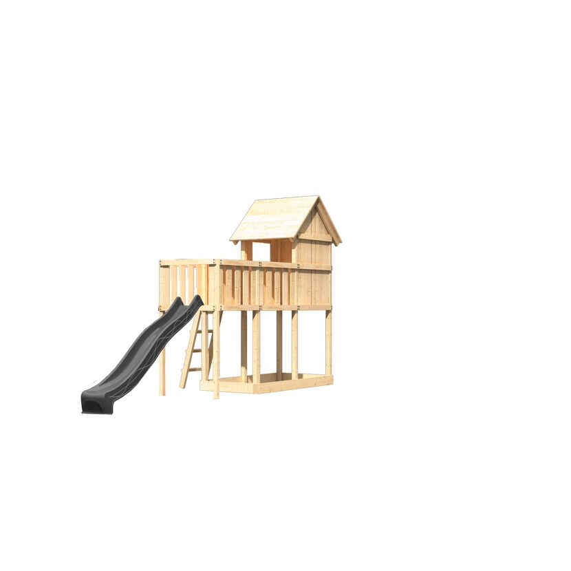 Kinderspielhaus 'Frieda' Fichtenholz naturbelassen mit Rutsche anthrazit, Anbauplattform 107 x 291 x 107 cm