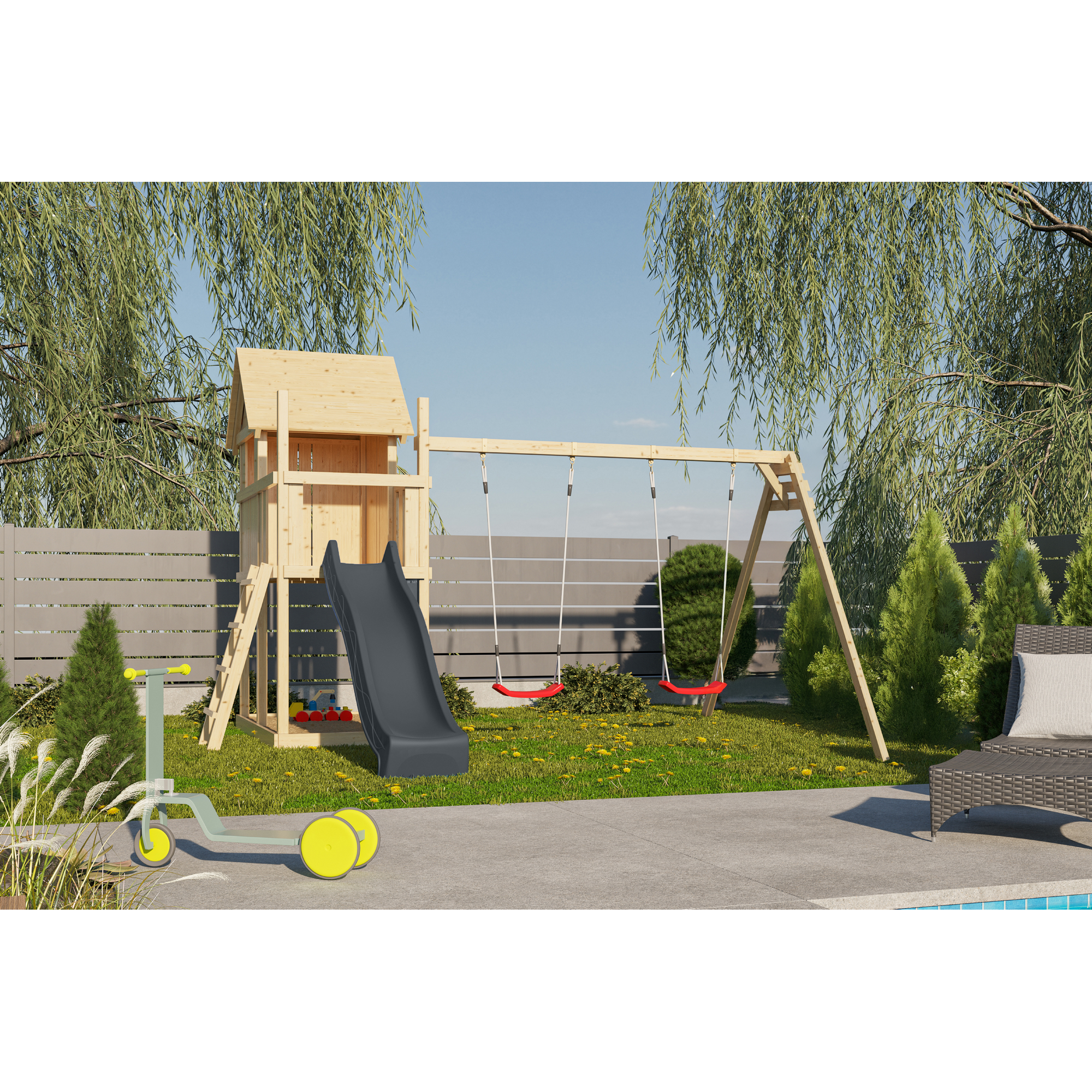 Kinderspielhaus 'Frieda' Fichtenholz naturbelassen mit Rutsche anthrazit, Doppelschaukel 107 x 291 x 107 cm