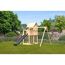 Kinderspielhaus 'Frieda' Fichtenholz naturbelassen mit Rutsche anthrazit, Doppelschaukel 107 x 291 x 107 cm