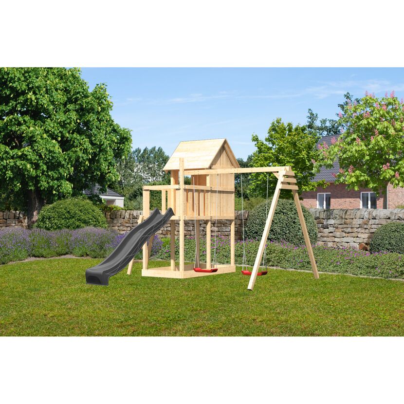 Kinderspielhaus 'Frieda' Fichtenholz naturbelassen mit Rutsche anthrazit, Doppelschaukel 107 x 291 x 107 cm