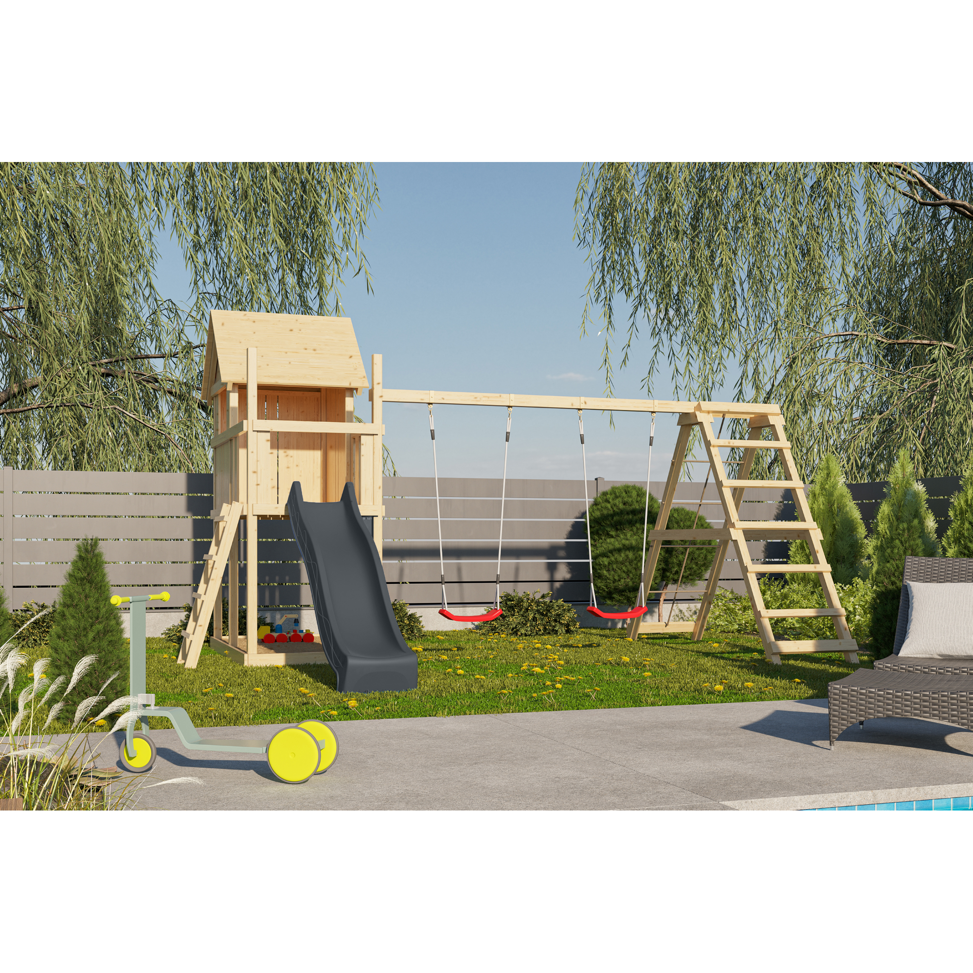 Kinderspielhaus 'Frieda' Fichtenholz naturbelassen mit Rutsche anthrazit, Gerüst, Doppelschaukel 107 x 291 x 107 cm