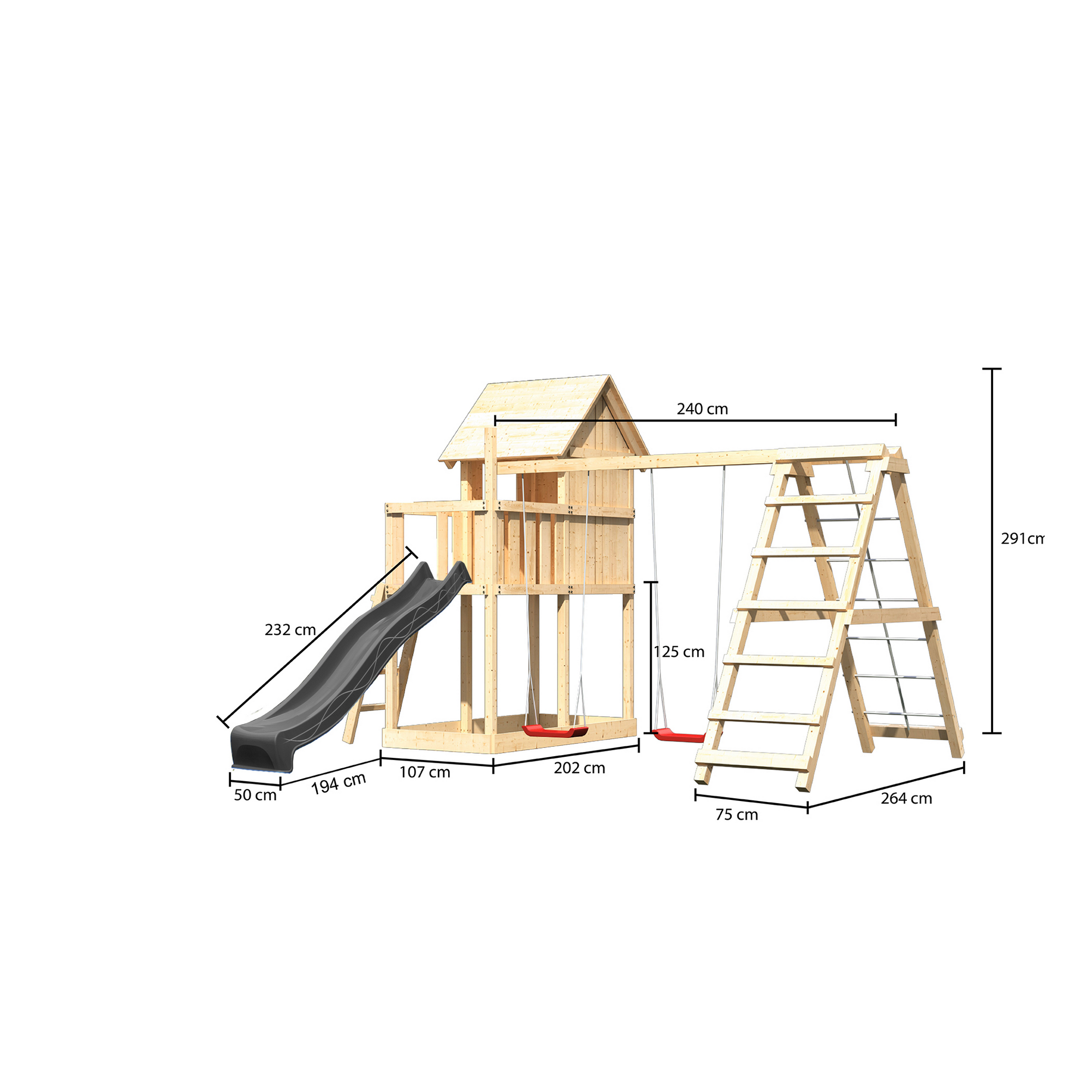 Kinderspielhaus 'Frieda' Fichtenholz naturbelassen mit Rutsche anthrazit, Gerüst, Doppelschaukel 107 x 291 x 107 cm