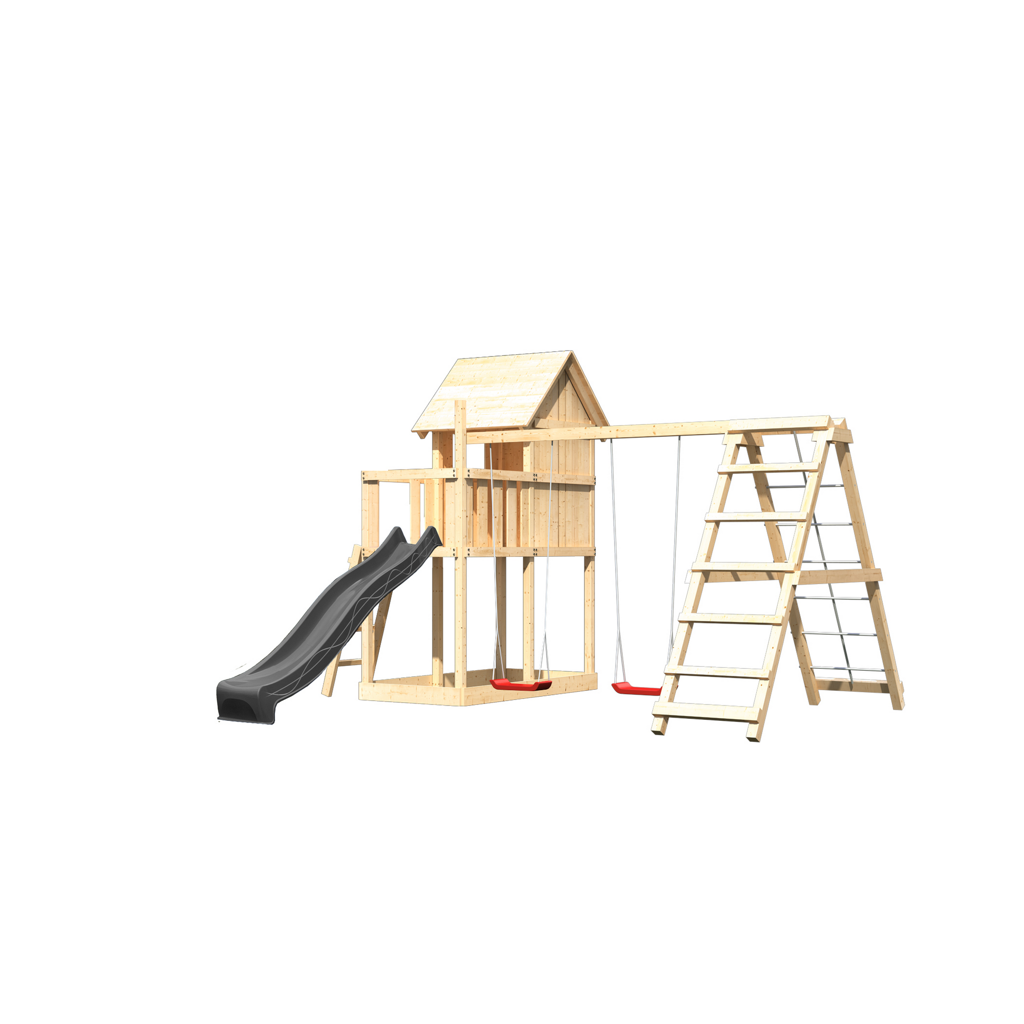 Kinderspielhaus 'Frieda' Fichtenholz naturbelassen mit Rutsche anthrazit, Gerüst, Doppelschaukel 107 x 291 x 107 cm