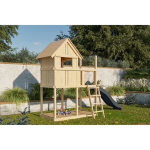 Kinderspielhaus 'Frieda' Fichtenholz naturbelassen mit Rutsche anthrazit 107 x 291 x 107 cm