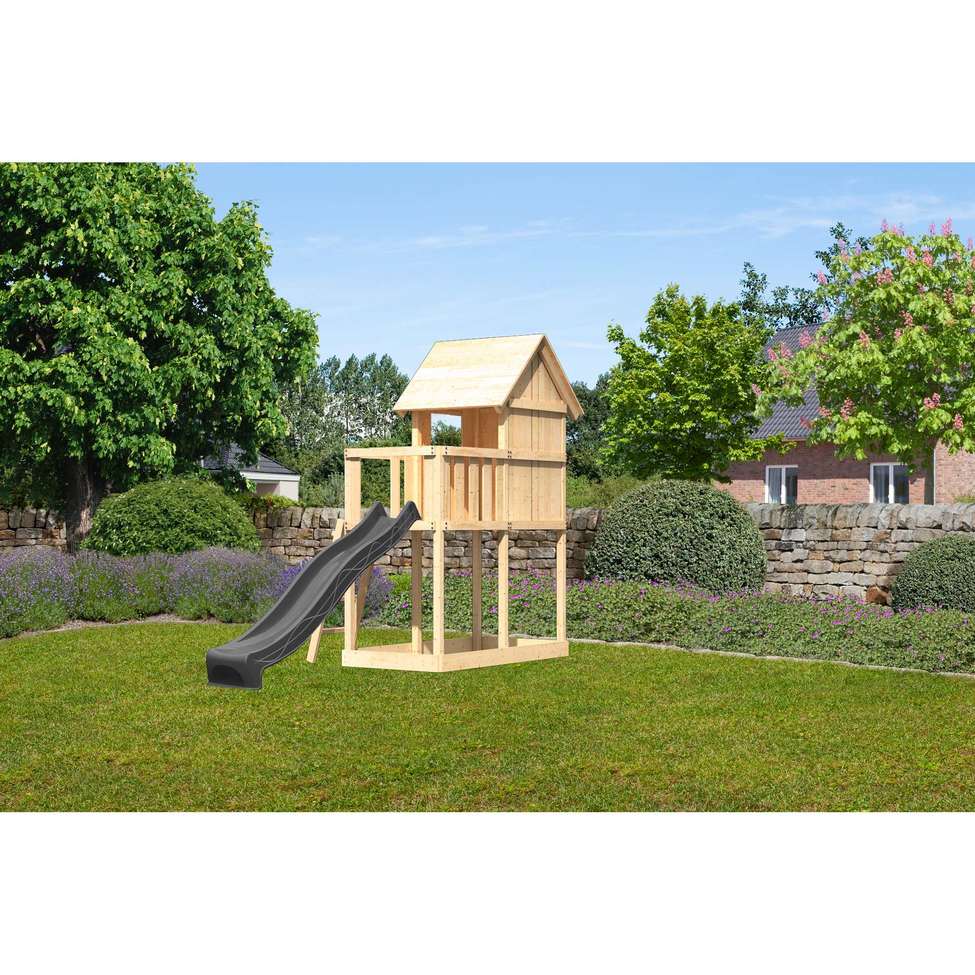 Kinderspielhaus 'Frieda' Fichtenholz naturbelassen mit Rutsche anthrazit 107 x 291 x 107 cm