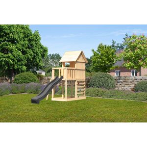 Kinderspielhaus 'Frieda' Fichtenholz naturbelassen mit Rutsche anthrazit, Kletterwand 107 x 291 x 107 cm