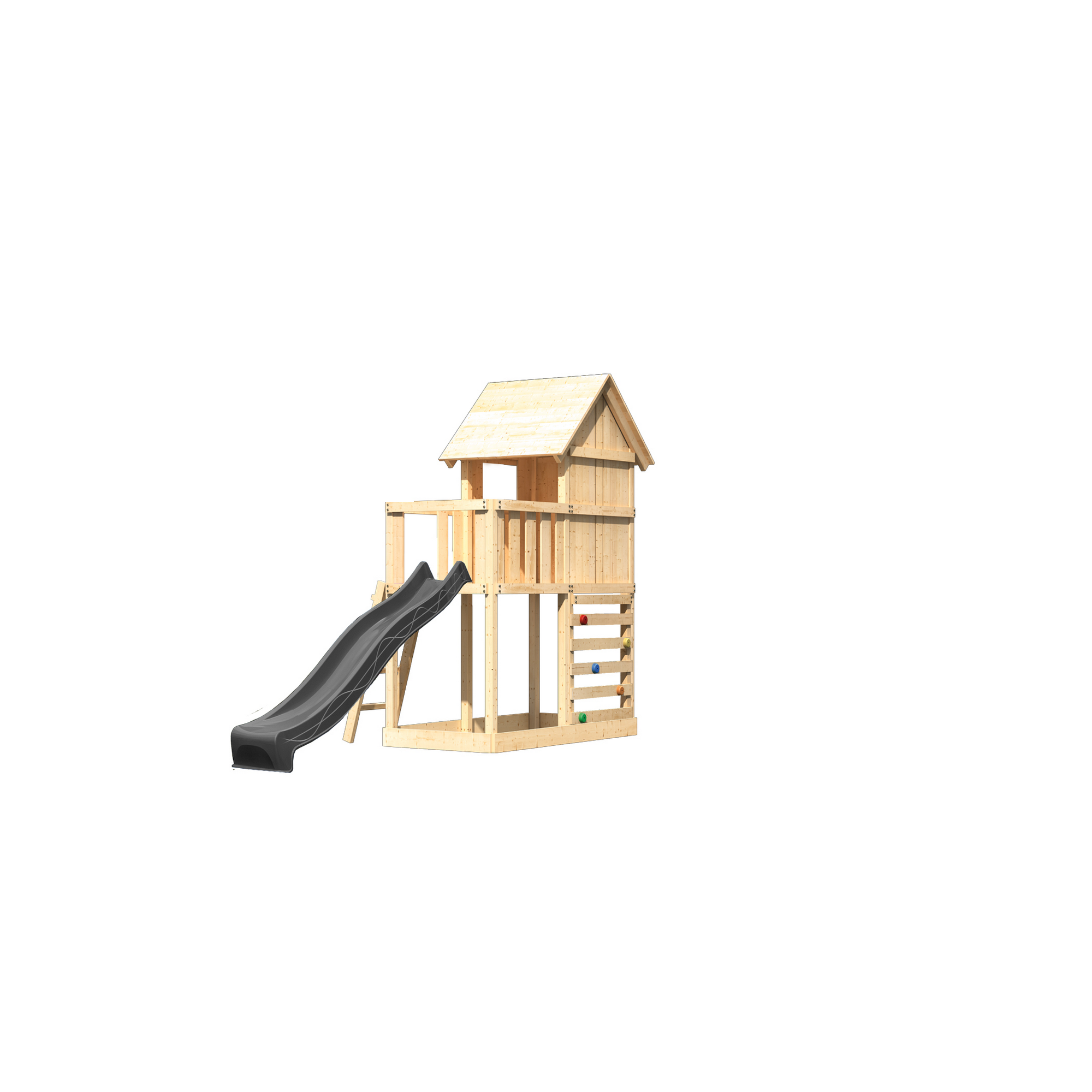 Kinderspielhaus 'Frieda' Fichtenholz naturbelassen mit Rutsche anthrazit, Kletterwand 107 x 291 x 107 cm