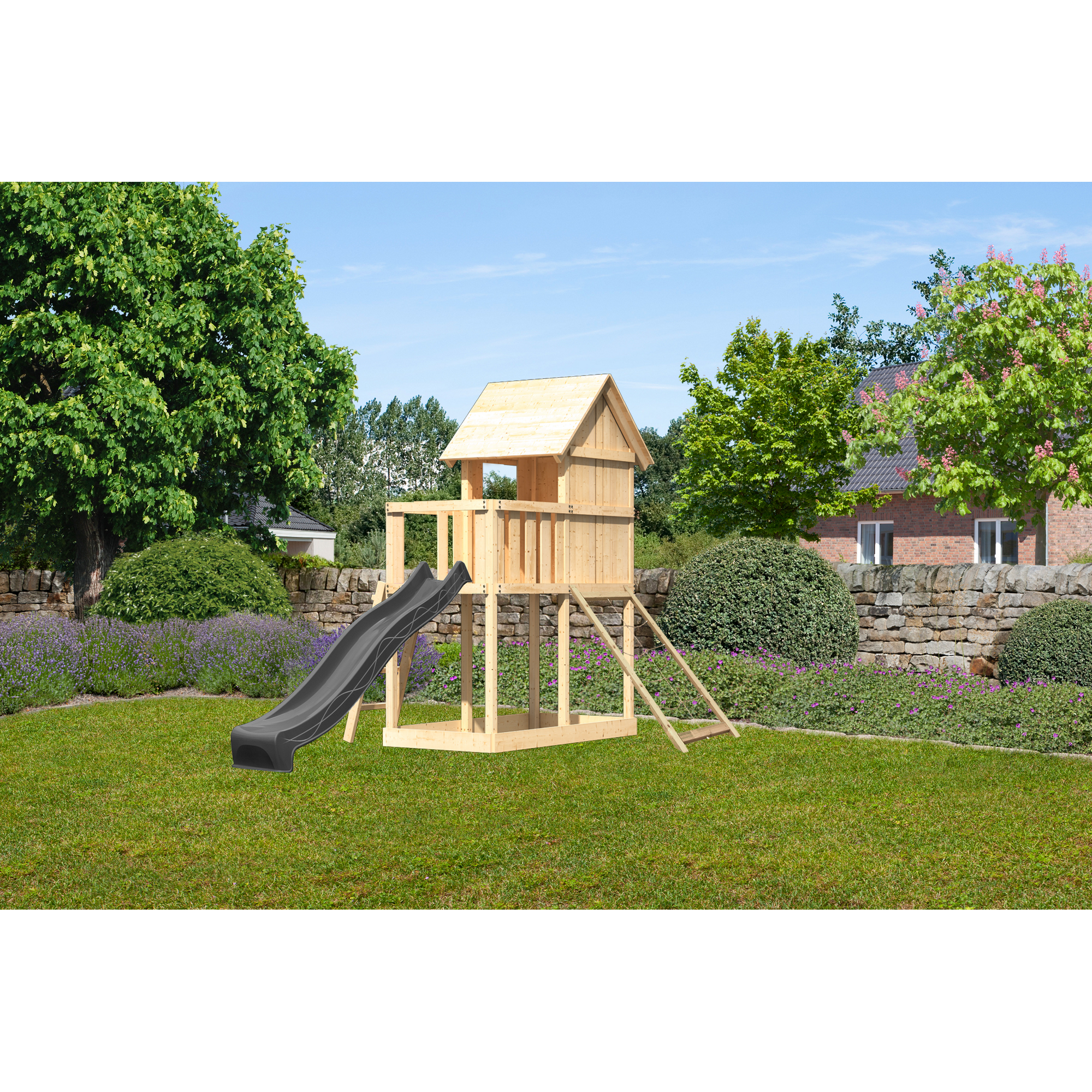 Kinderspielhaus 'Frieda' Fichtenholz naturbelassen mit Rutsche anthrazit, Netzrampe 107 x 291 x 107 cm