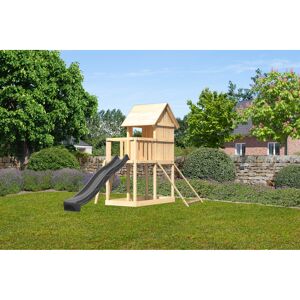 Kinderspielhaus 'Frieda' Fichtenholz naturbelassen mit Rutsche anthrazit, Netzrampe 107 x 291 x 107 cm