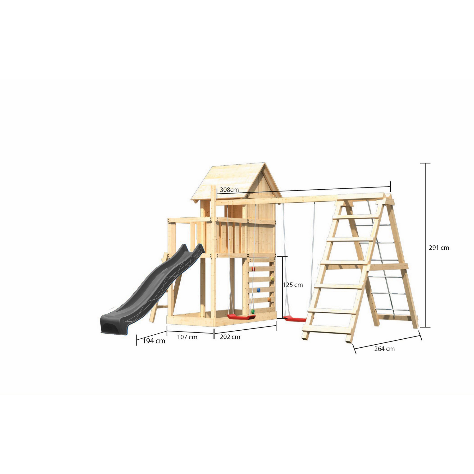Kinderspielhaus 'Frieda' Fichtenholz naturbelassen mit Rutsche anthrazit, Doppelschaukel, Klettergerüst, Kletterwand 107 x 291 x 107 cm