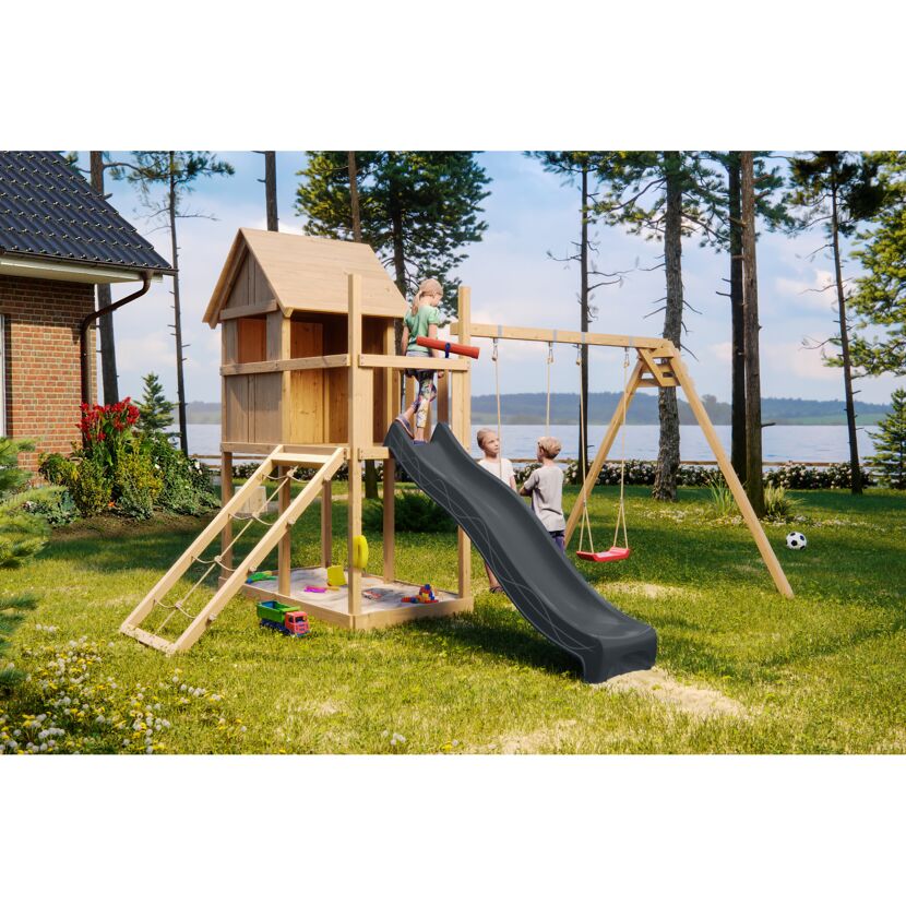 Kinderspielhaus 'Frieda' Fichtenholz naturbelassen mit Rutsche anthrazit, Doppelschaukel, Netzrampe 107 x 291 x 107 cm