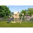 Kinderspielhaus 'Frieda' Fichtenholz naturbelassen mit Rutsche anthrazit, Doppelschaukel, Netzrampe 107 x 291 x 107 cm