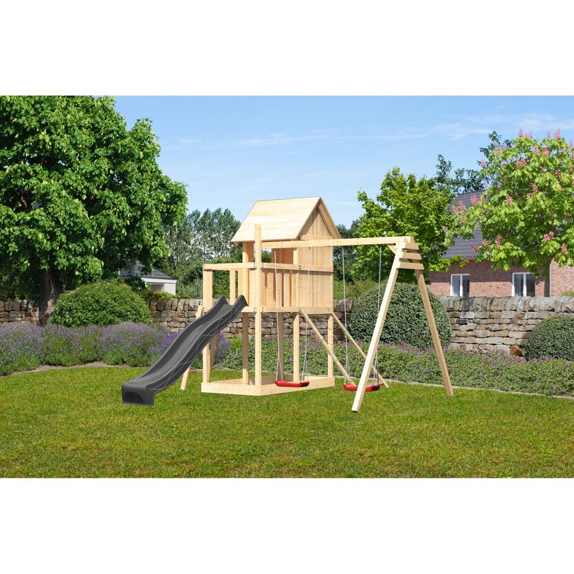 Kinderspielhaus 'Frieda' Fichtenholz naturbelassen mit Rutsche anthrazit, Doppelschaukel, Netzrampe 107 x 291 x 107 cm