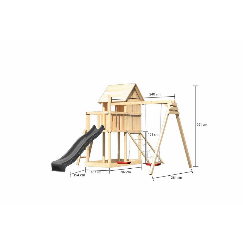 Kinderspielhaus 'Frieda' Fichtenholz naturbelassen mit Rutsche anthrazit, Doppelschaukel, Netzrampe 107 x 291 x 107 cm