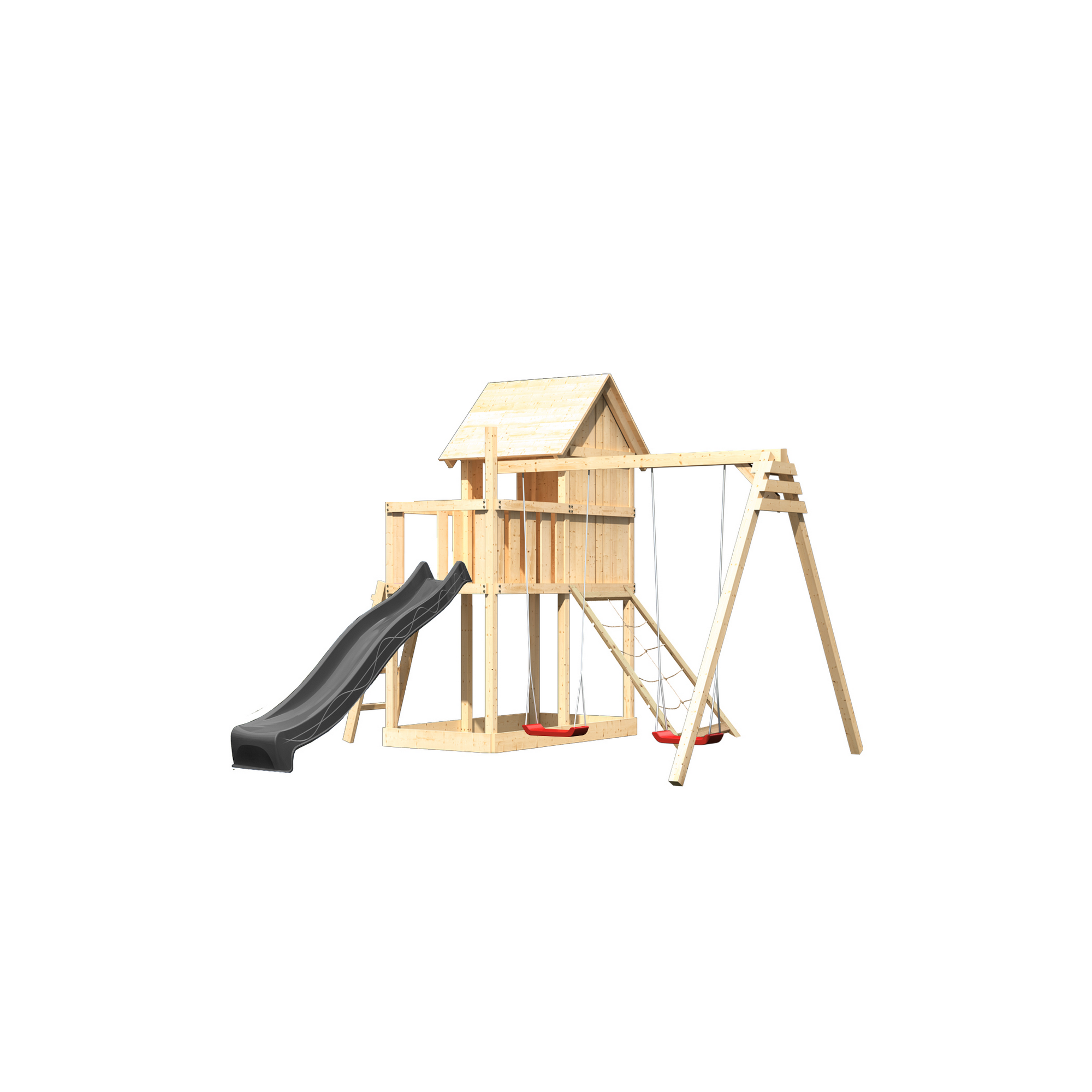 Kinderspielhaus 'Frieda' Fichtenholz naturbelassen mit Rutsche anthrazit, Doppelschaukel, Netzrampe 107 x 291 x 107 cm