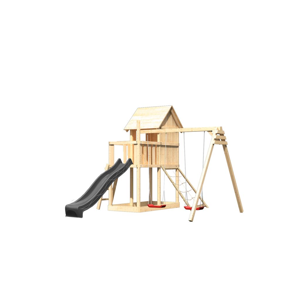 Kinderspielhaus 'Frieda' Fichtenholz naturbelassen mit Rutsche anthrazit, Doppelschaukel, Netzrampe 107 x 291 x 107 cm