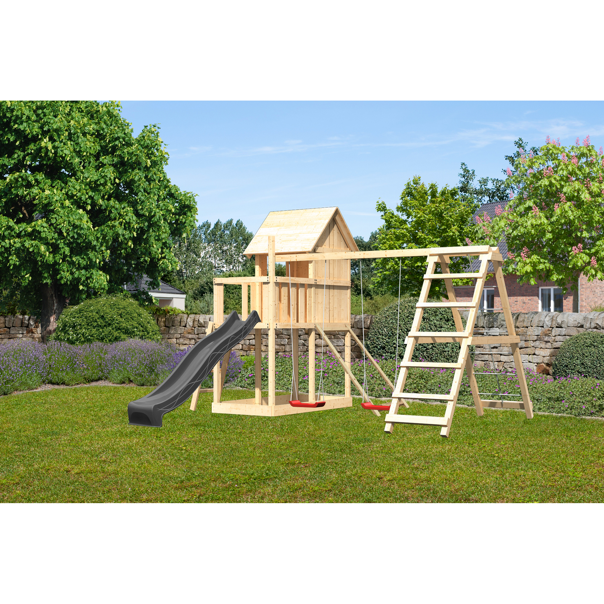 Kinderspielhaus 'Frieda' Fichtenholz naturbelassen mit Rutsche anthrazit, Doppelschaukel, Klettergerüst, Netzrampe 107 x 291 x 107 cm