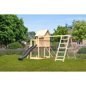 Kinderspielhaus 'Frieda' Fichtenholz naturbelassen mit Rutsche anthrazit, Doppelschaukel, Klettergerüst, Netzrampe 107 x 291 x 107 cm
