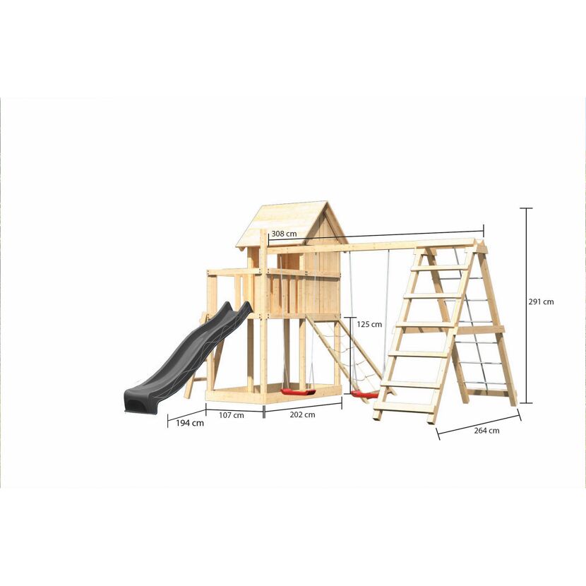 Kinderspielhaus 'Frieda' Fichtenholz naturbelassen mit Rutsche anthrazit, Doppelschaukel, Klettergerüst, Netzrampe 107 x 291 x 107 cm