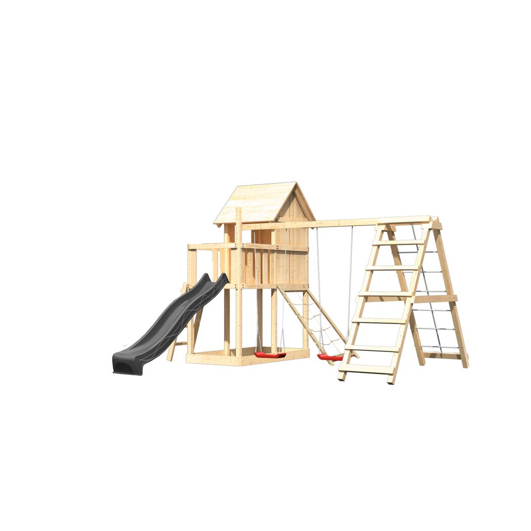 Kinderspielhaus 'Frieda' Fichtenholz naturbelassen mit Rutsche anthrazit, Doppelschaukel, Klettergerüst, Netzrampe 107 x 291 x 107 cm