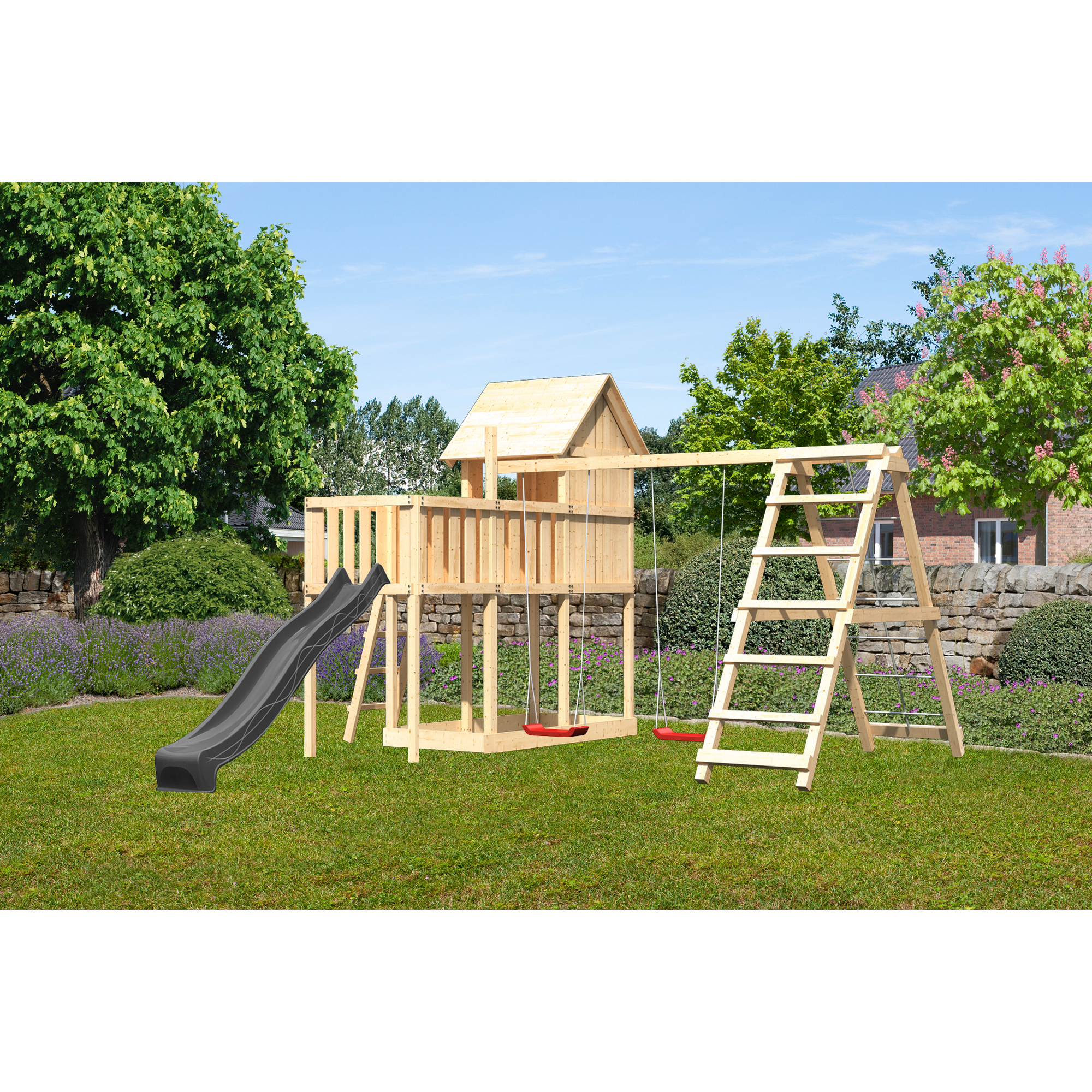 Kinderspielhaus 'Frieda' Fichtenholz naturbelassen mit Rutsche anthrazit, Doppelschaukel, Klettergerüst, Anbauplattform 107 x 291 x 107 cm