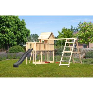 Kinderspielhaus 'Frieda' Fichtenholz naturbelassen mit Rutsche anthrazit, Doppelschaukel, Klettergerüst, Anbauplattform 107 x 291 x 107 cm