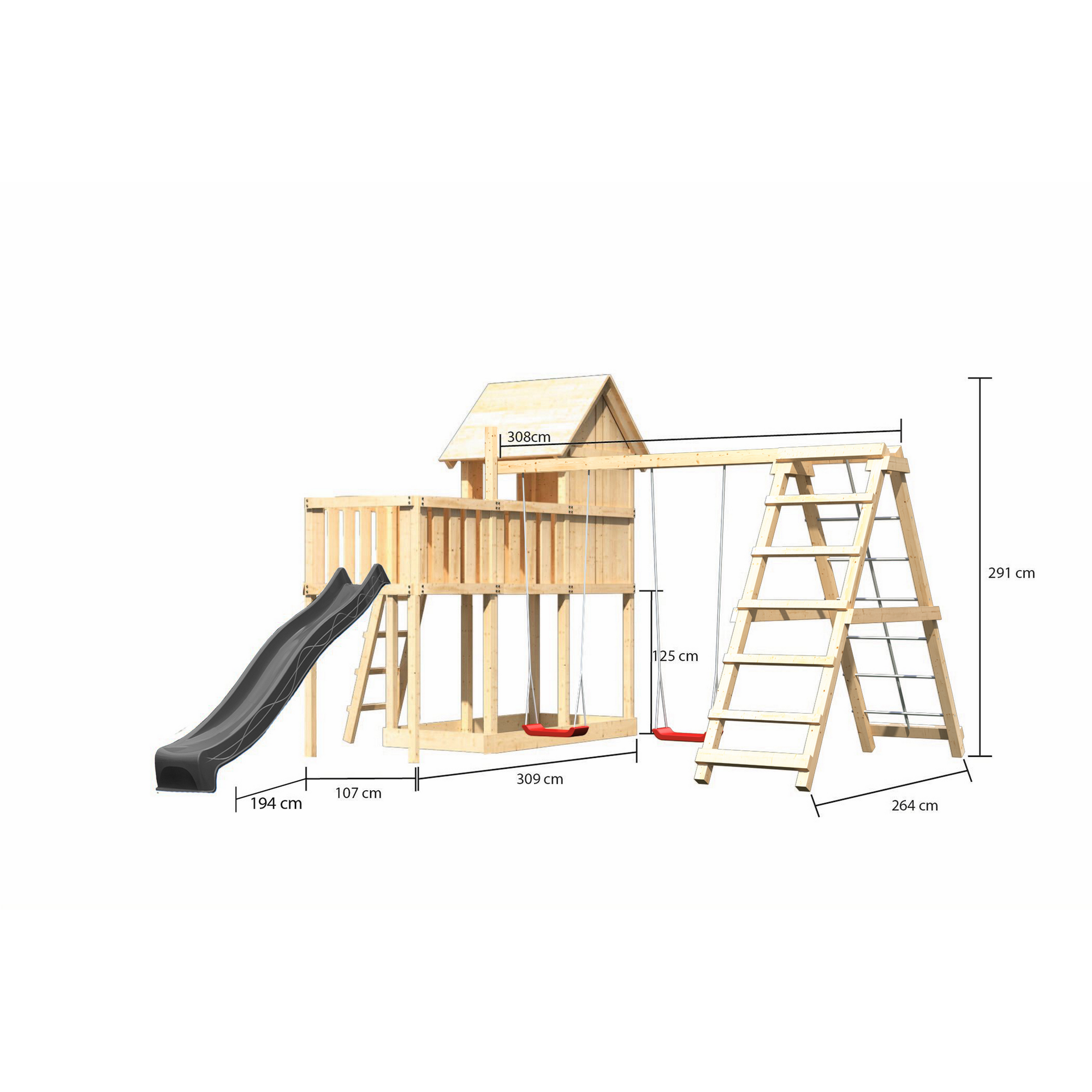 Kinderspielhaus 'Frieda' Fichtenholz naturbelassen mit Rutsche anthrazit, Doppelschaukel, Klettergerüst, Anbauplattform 107 x 291 x 107 cm