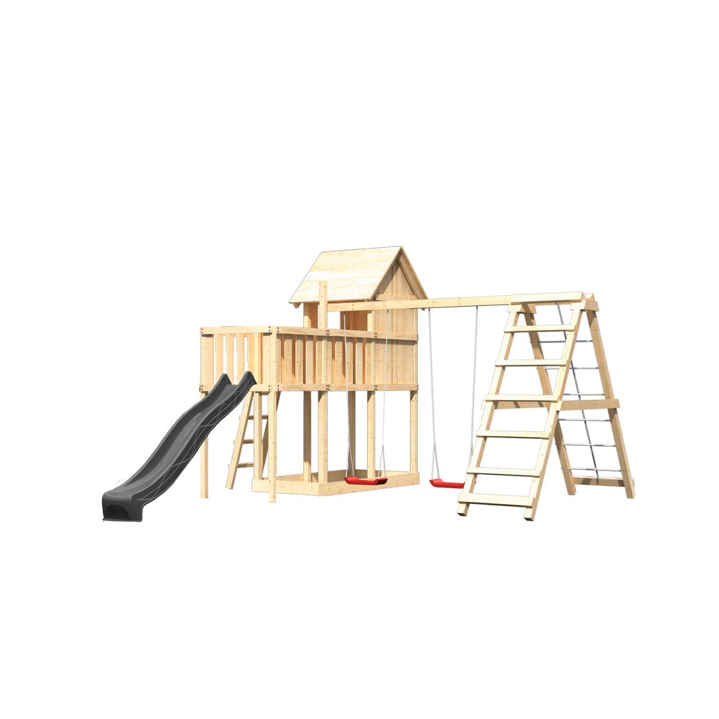 Kinderspielhaus 'Frieda' Fichtenholz naturbelassen mit Rutsche anthrazit, Doppelschaukel, Klettergerüst, Anbauplattform 107 x 291 x 107 cm