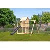 Kinderspielhaus 'Frieda' Fichtenholz naturbelassen mit Rutsche anthrazit, Doppelschaukel, Kletterwand 107 x 291 x 107 cm