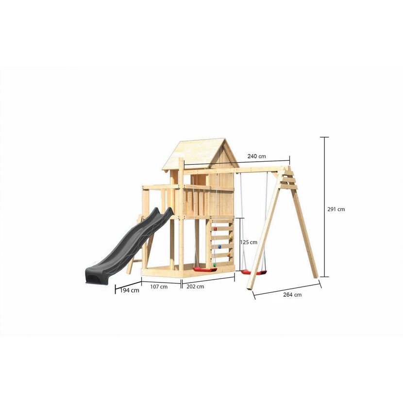 Kinderspielhaus 'Frieda' Fichtenholz naturbelassen mit Rutsche anthrazit, Doppelschaukel, Kletterwand 107 x 291 x 107 cm