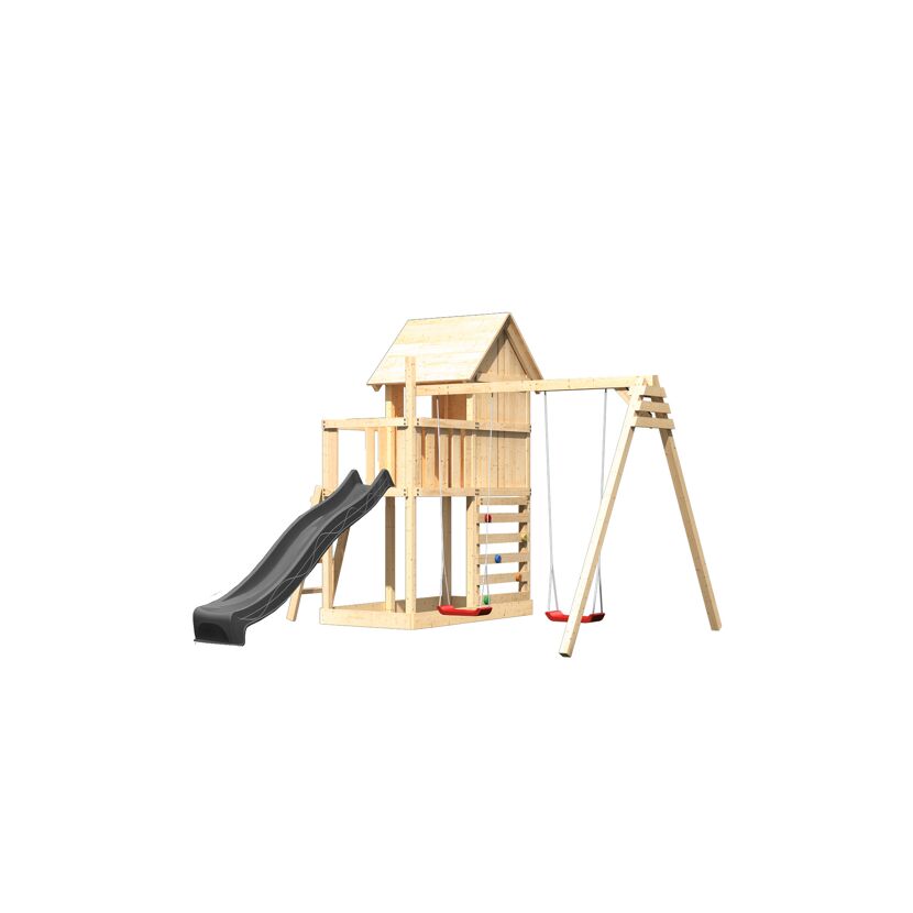 Kinderspielhaus 'Frieda' Fichtenholz naturbelassen mit Rutsche anthrazit, Doppelschaukel, Kletterwand 107 x 291 x 107 cm