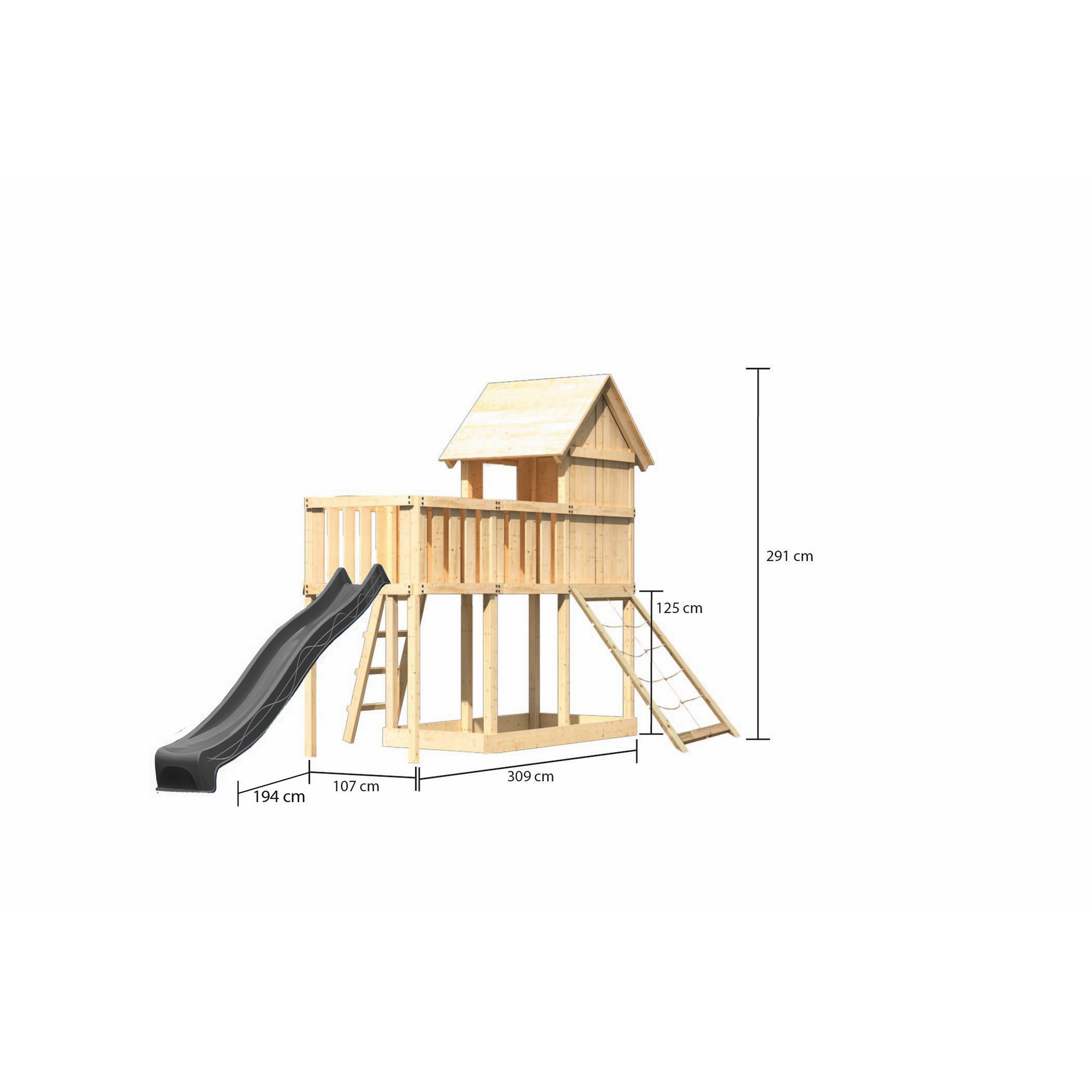 Kinderspielhaus 'Frieda' Fichtenholz naturbelassen mit Rutsche anthrazit, Anbauplattform, Netzrampe 107 x 291 x 107 cm
