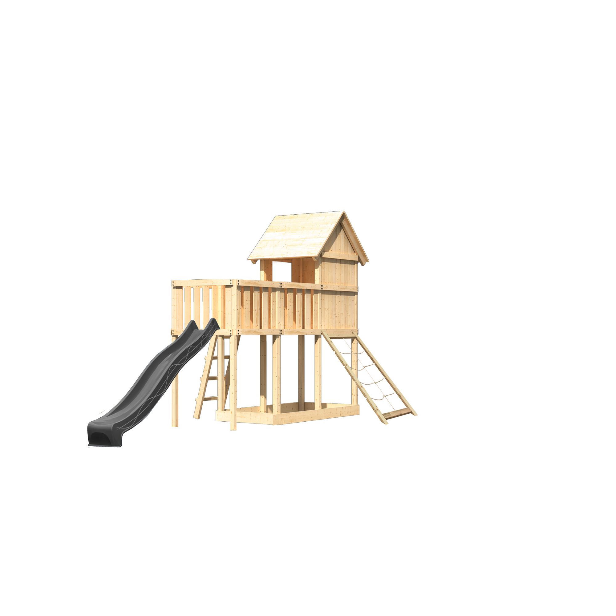 Kinderspielhaus 'Frieda' Fichtenholz naturbelassen mit Rutsche anthrazit, Anbauplattform, Netzrampe 107 x 291 x 107 cm