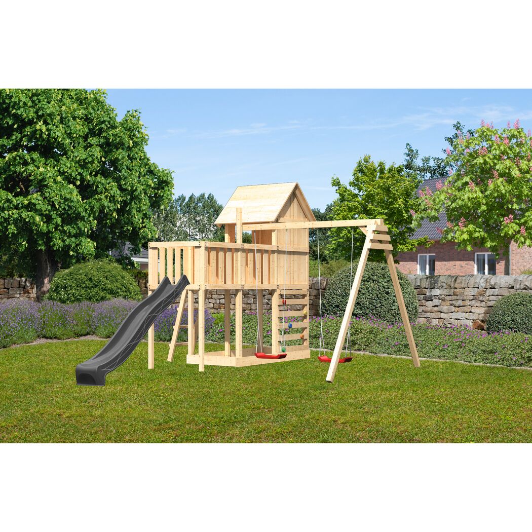 Kinderspielhaus 'Frieda' Fichtenholz naturbelassen mit Rutsche anthrazit, Doppelschaukel, Anbauplattform, Kletterwand 107 x 291 x 107 cm