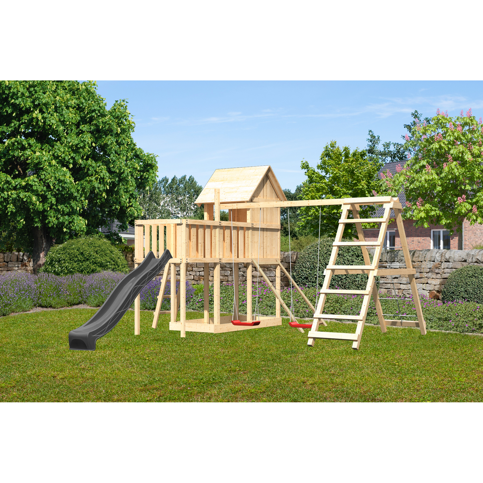 Kinderspielhaus 'Frieda' Fichtenholz naturbelassen mit Rutsche anthrazit, Doppelschaukel, Klettergerüst Anbauplattform, Netzrampe 107 x 291 x 107 cm