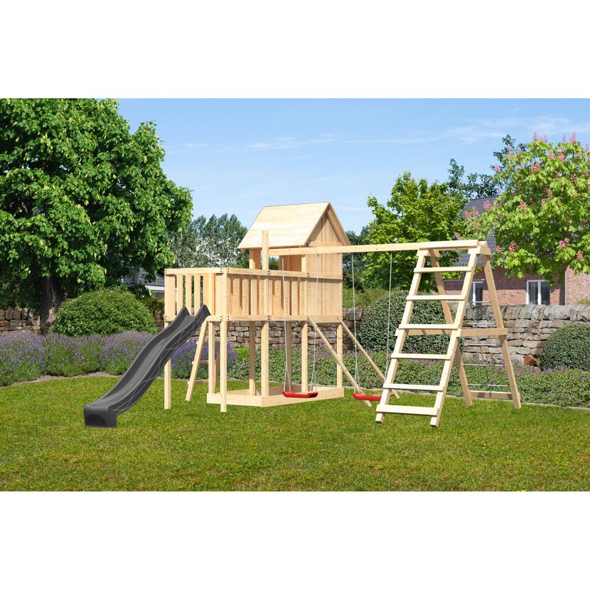 Kinderspielhaus 'Frieda' Fichtenholz naturbelassen mit Rutsche anthrazit, Doppelschaukel, Klettergerüst Anbauplattform, Netzrampe 107 x 291 x 107 cm
