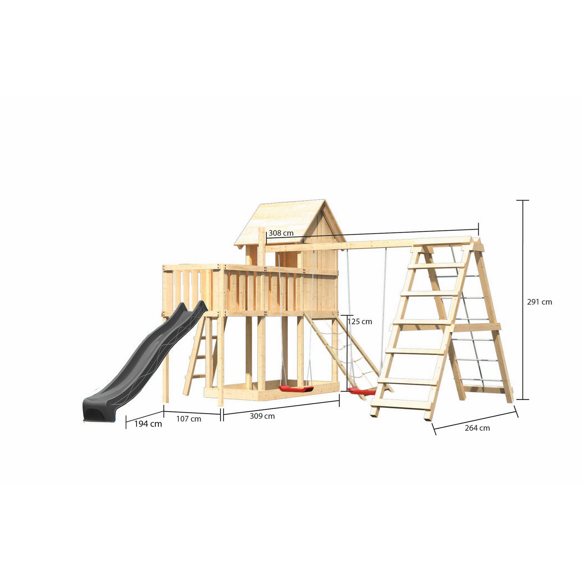 Kinderspielhaus 'Frieda' Fichtenholz naturbelassen mit Rutsche anthrazit, Doppelschaukel, Klettergerüst Anbauplattform, Netzrampe 107 x 291 x 107 cm
