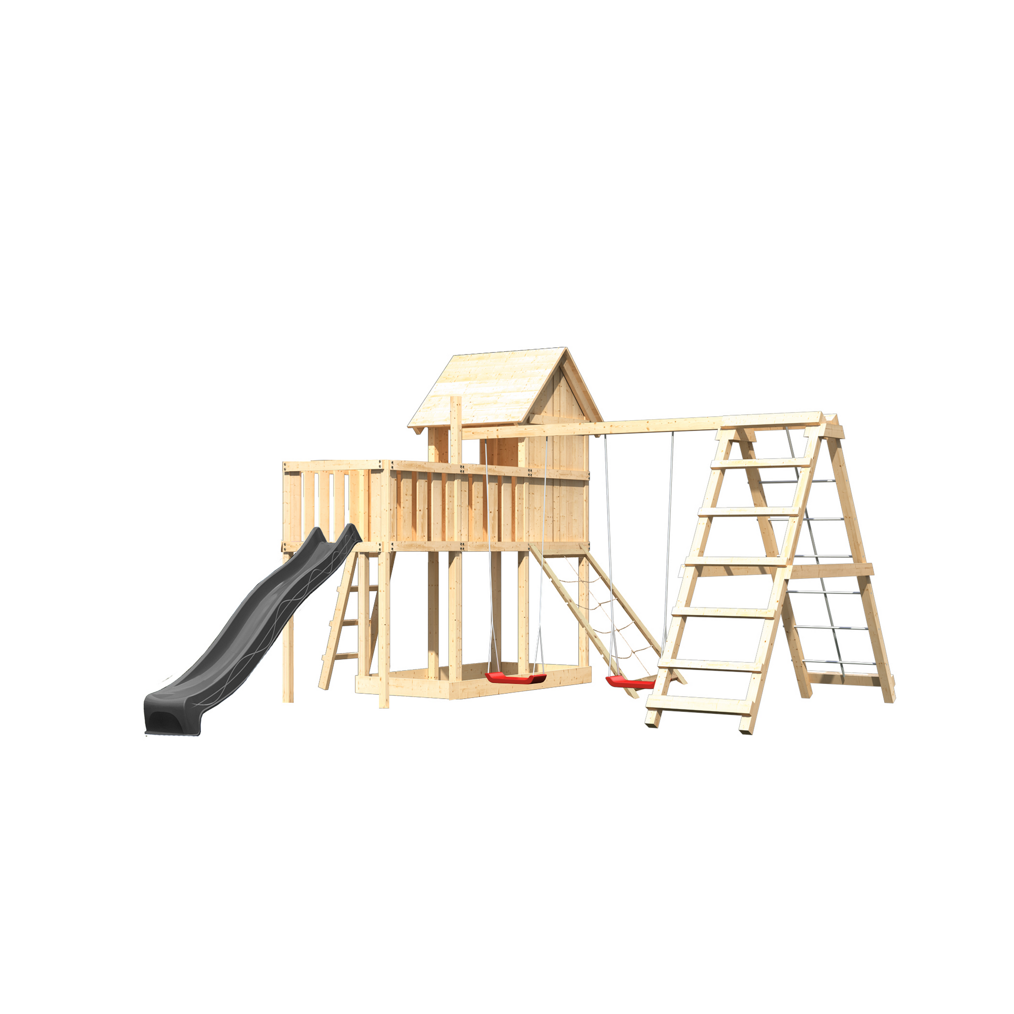 Kinderspielhaus 'Frieda' Fichtenholz naturbelassen mit Rutsche anthrazit, Doppelschaukel, Klettergerüst Anbauplattform, Netzrampe 107 x 291 x 107 cm