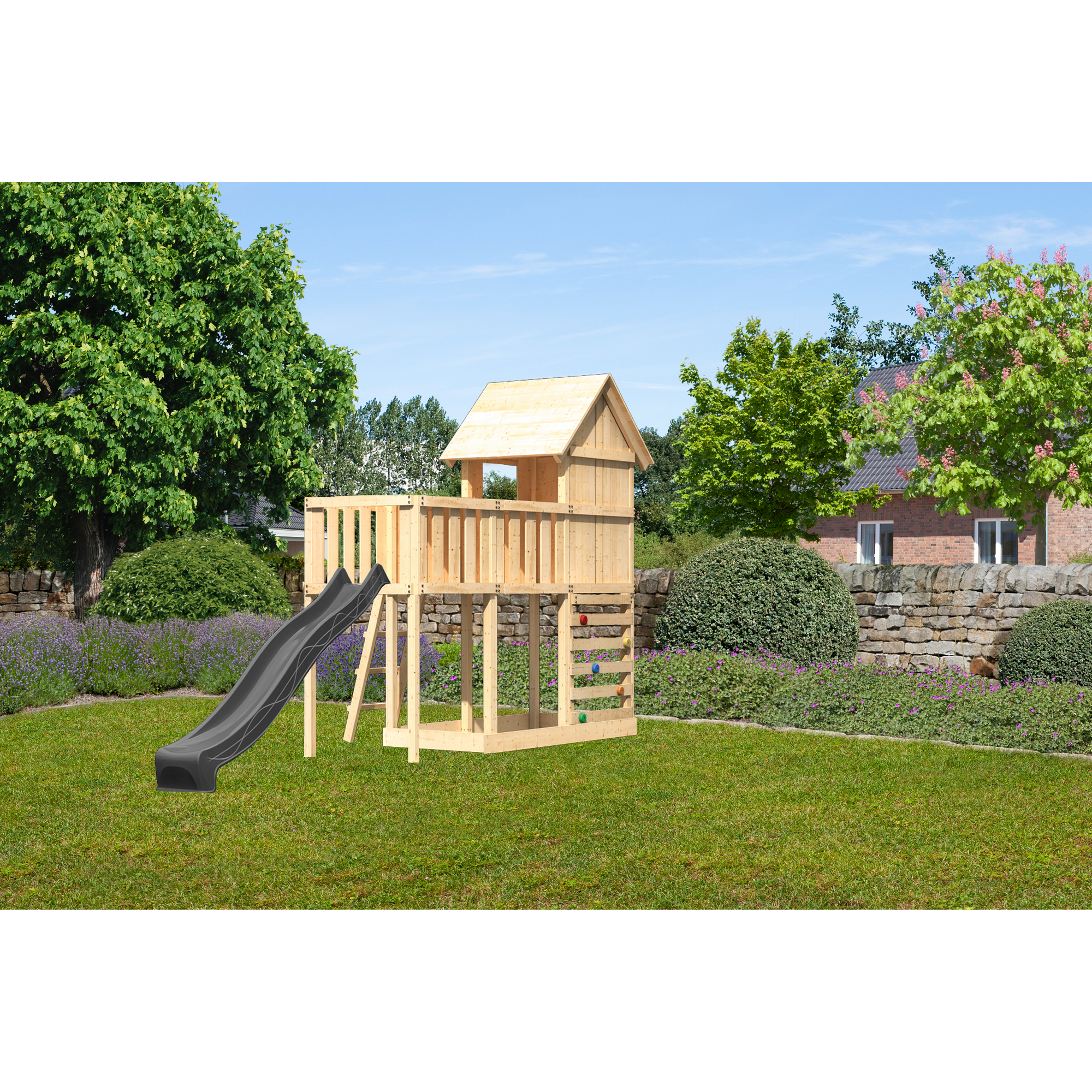 Kinderspielhaus 'Frieda' Fichtenholz naturbelassen mit Rutsche anthrazit, Anbauplattform, Kletterwand 107 x 291 x 107 cm