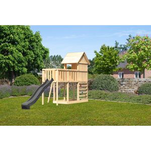 Kinderspielhaus 'Frieda' Fichtenholz naturbelassen mit Rutsche anthrazit, Anbauplattform, Kletterwand 107 x 291 x 107 cm