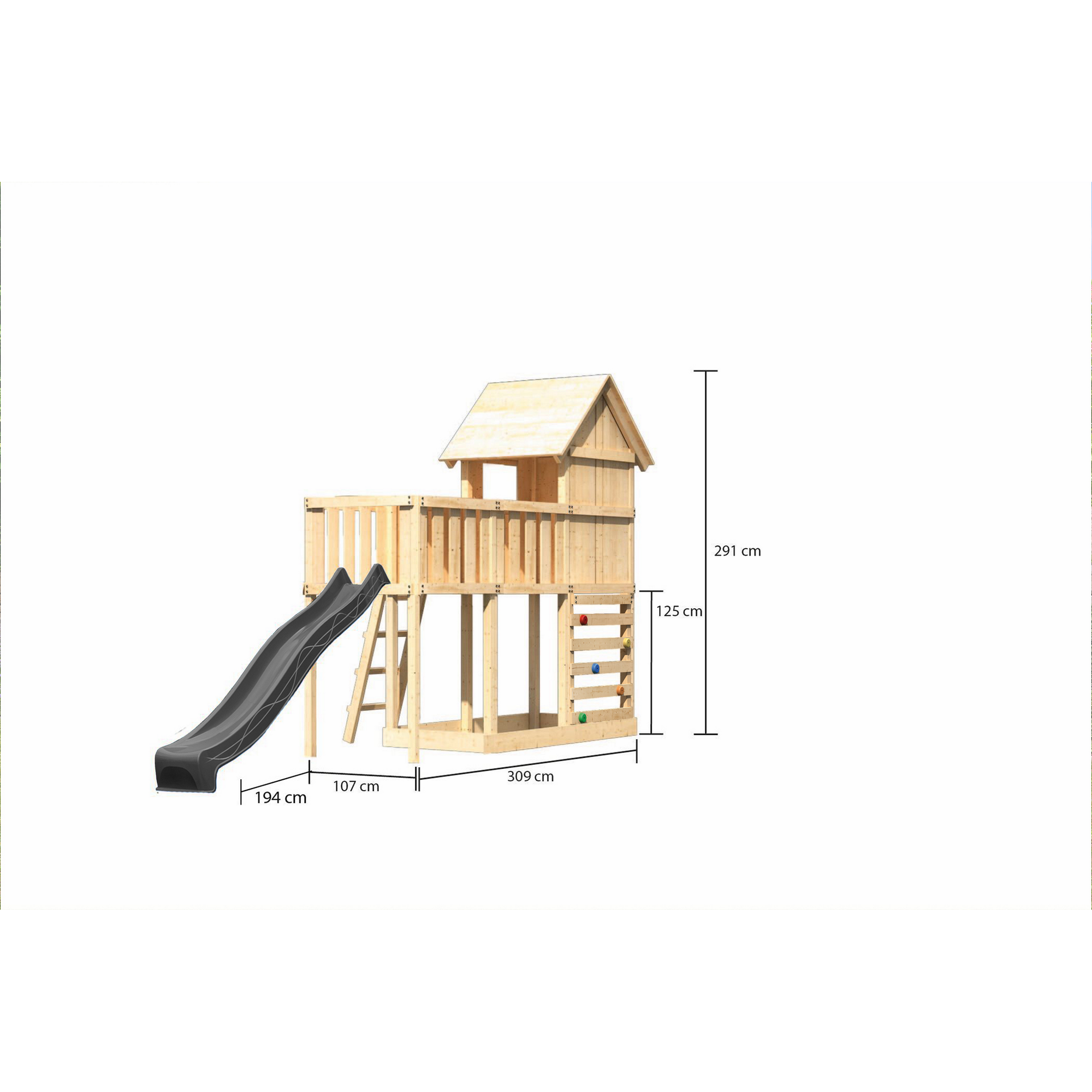 Kinderspielhaus 'Frieda' Fichtenholz naturbelassen mit Rutsche anthrazit, Anbauplattform, Kletterwand 107 x 291 x 107 cm